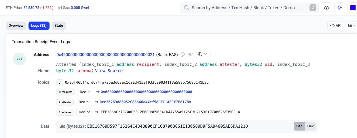 BaseScan Logs (12), with an Attested event and its forecast UID in the bottom Data row.