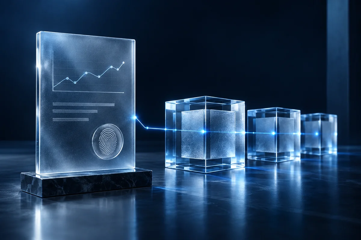 Illustration of a forecast receipt linked by its fingerprint to a public blockchain ledger